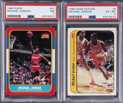1986-87 Fleer Basketball Complete Set (132) Plus Stickers Complete Set (11) – Including #57 Michael Jordan Rookie Card PSA NM 7 and #8 Jordan Sticker PSA EX-MT 6